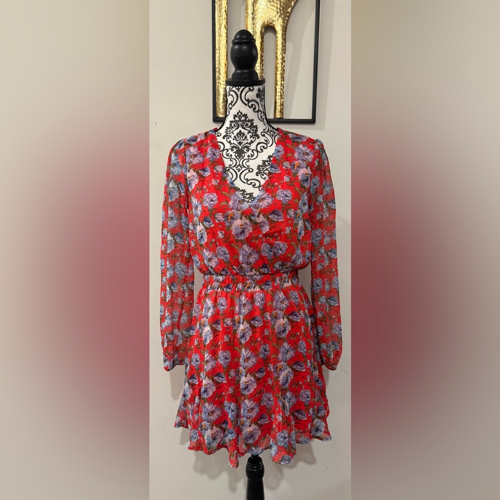Mi Ami Red Floral Long-Sleeve V-Neck Mini Dress